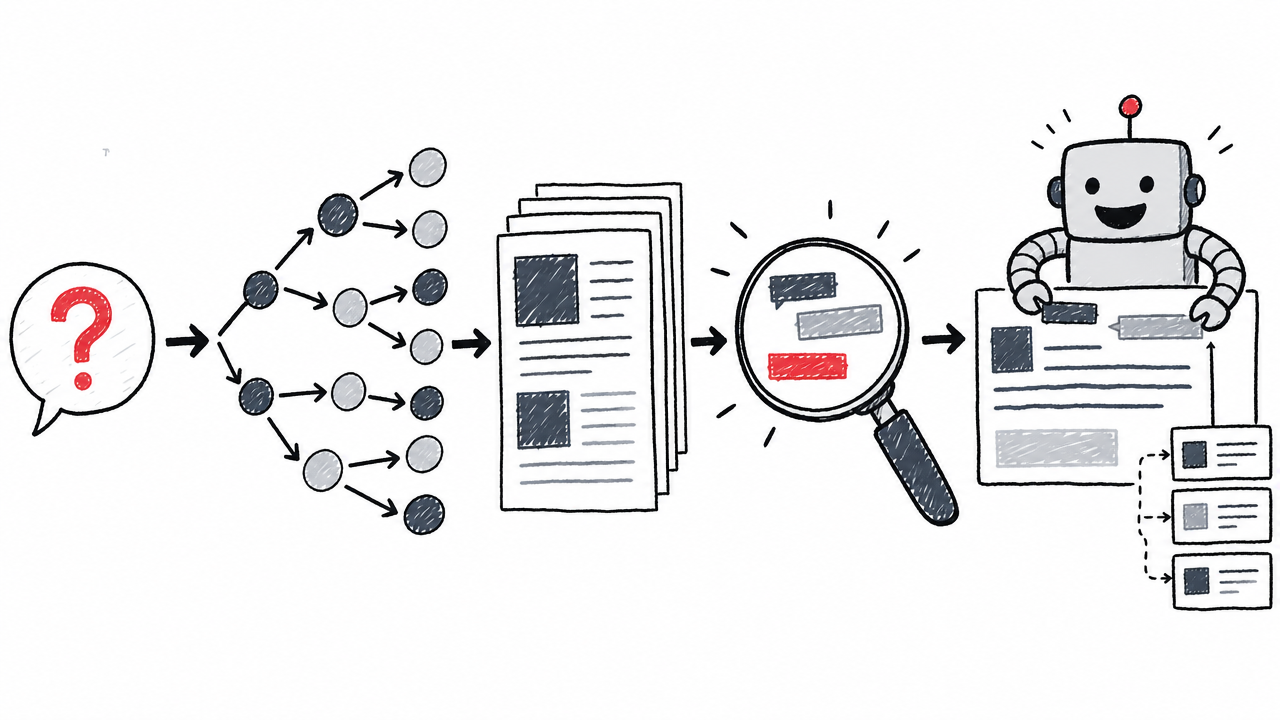 A query moves through retrieval, extraction, synthesis, and source grounding before becoming an AI-generated answer.