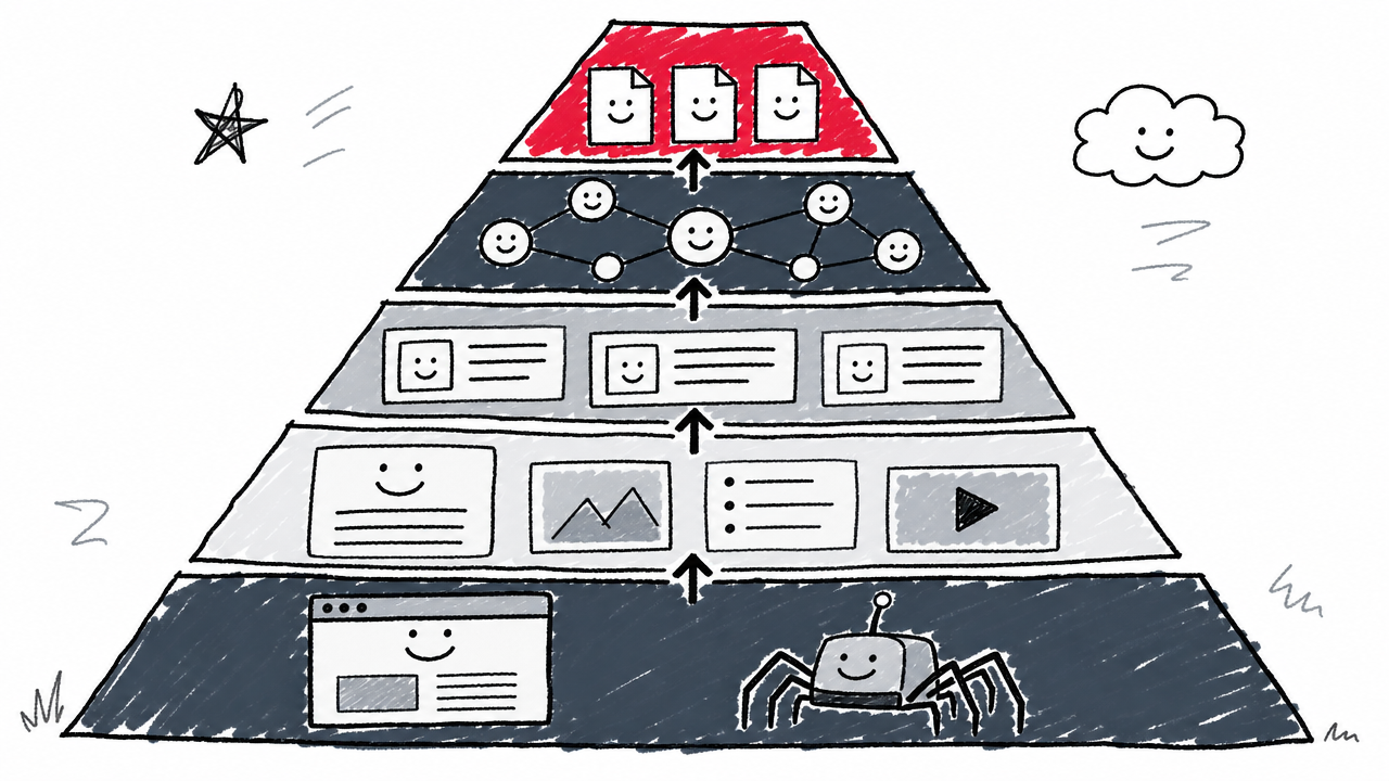 A five-level pyramid places SEO foundations beneath citable content, answer structure, authority, and third-party evidence.