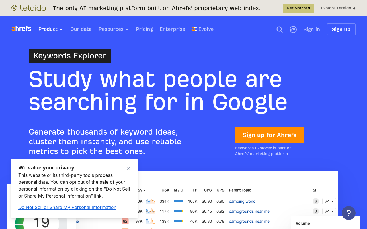 Ahrefs Keywords Explorer interface showing keyword ideas, search volume, difficulty scores, and SERP overview for a seed query