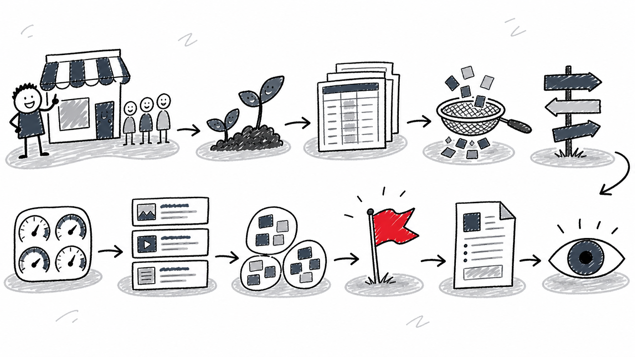 A ten-stage AI keyword research workflow moves from business context and discovery to prioritization, content briefs, and monitoring.