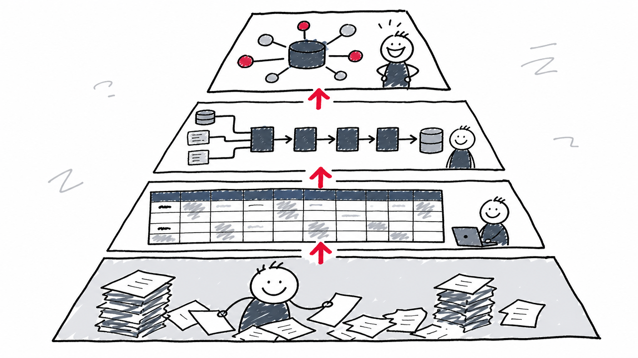 A four-level automation pyramid progresses from manual CSV work through spreadsheets and APIs to MCP connections.