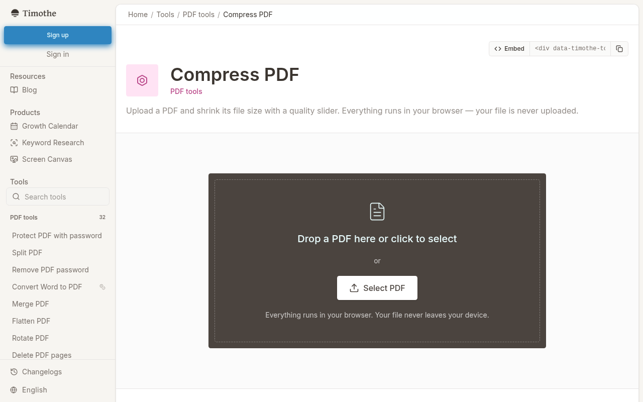 Timothe AI PDF Compress showing the quality slider and local browser processing workflow.