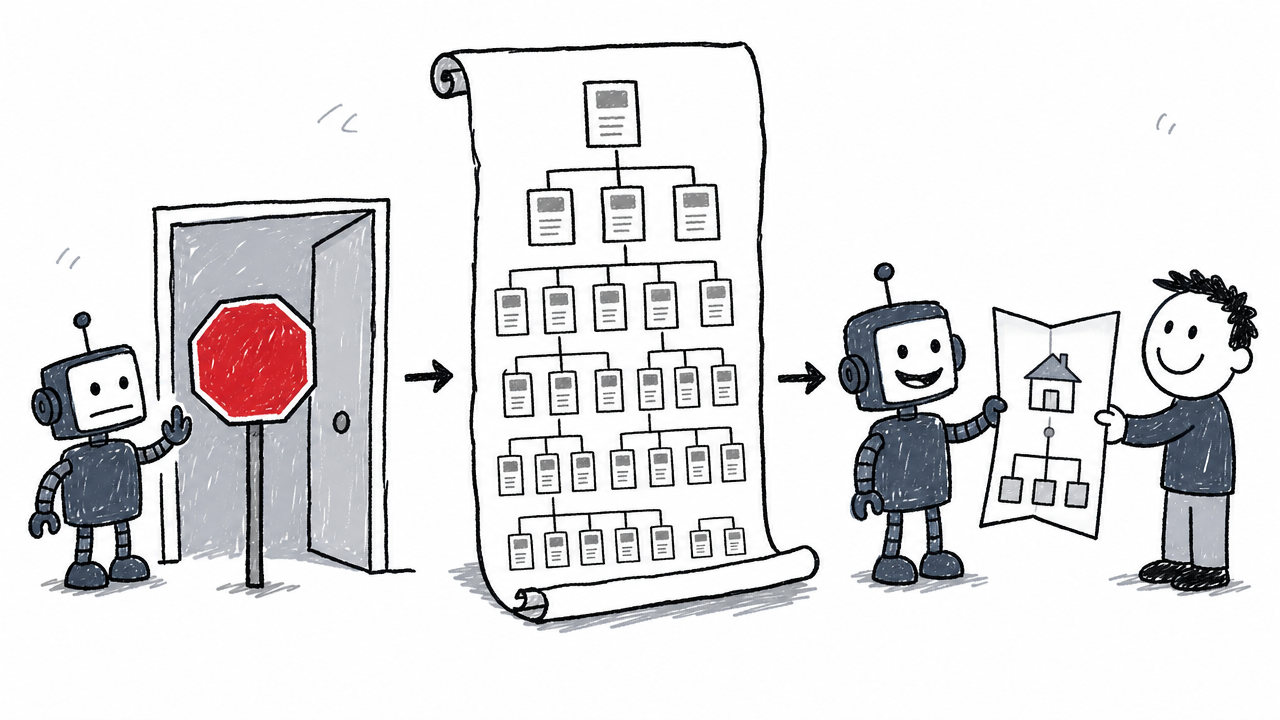 A stop sign, a full site directory, and a short visitor brochure compare robots.txt, sitemap.xml, and llms.txt.