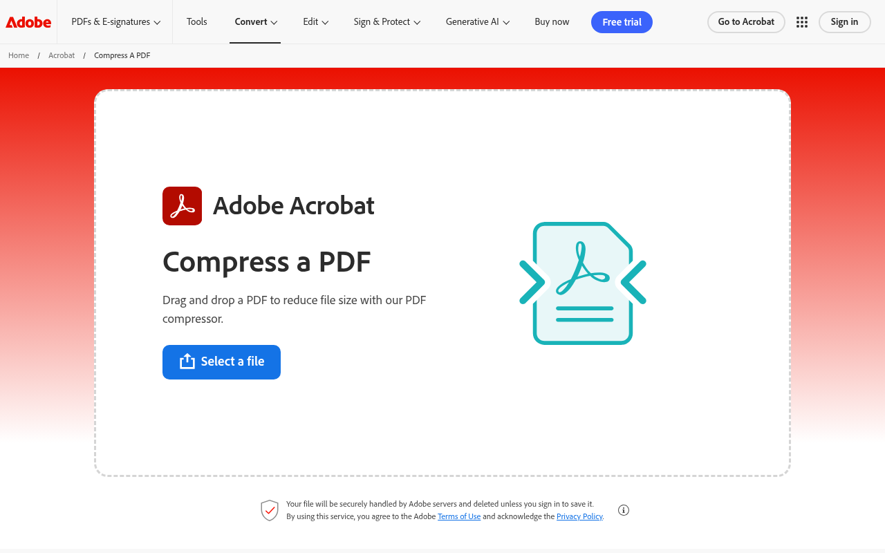 Adobe Acrobat Online showing the upload area and High/Medium/Low compression presets.