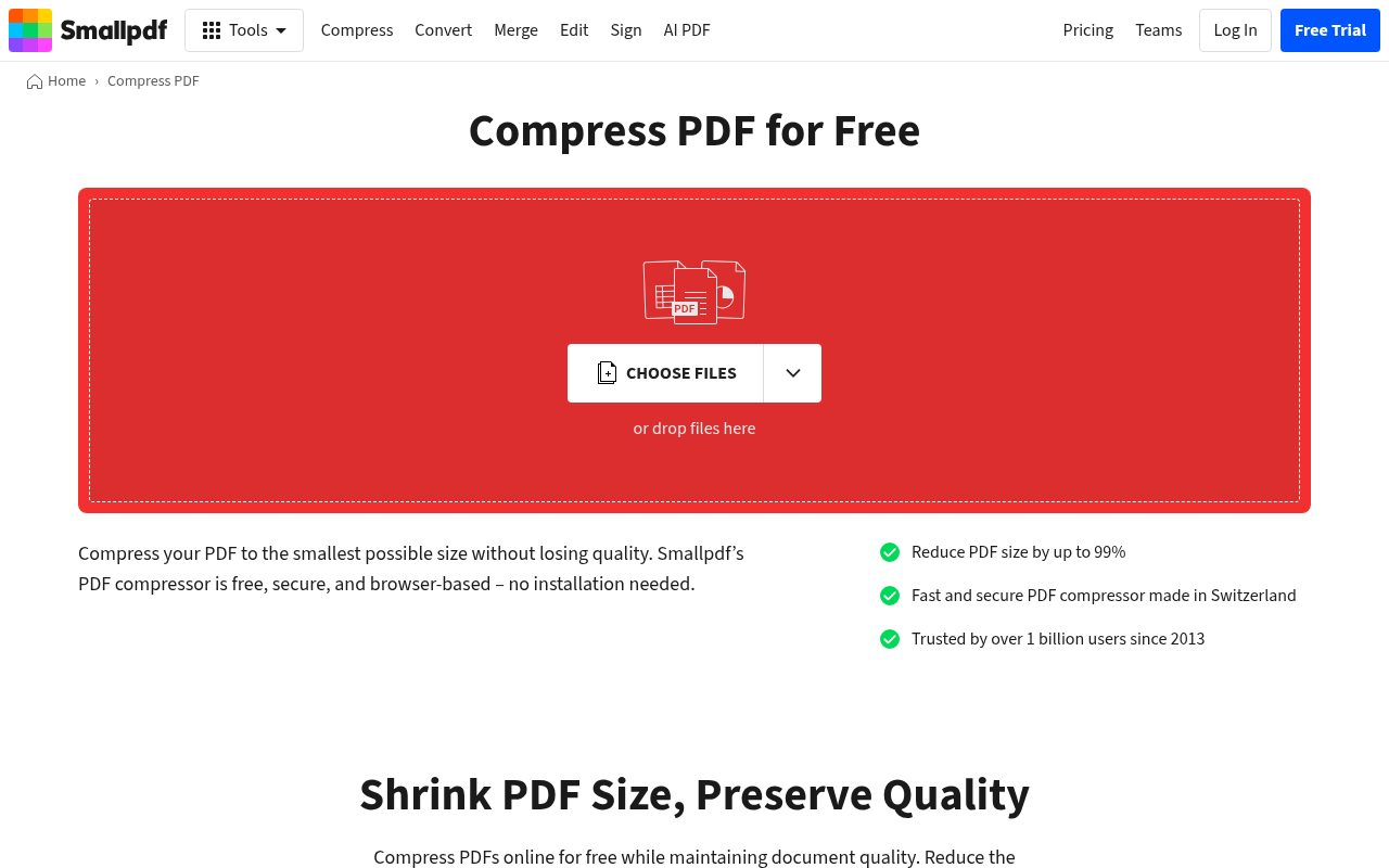 Smallpdf's compress PDF page with Basic, Moderate, and Strong options displayed.