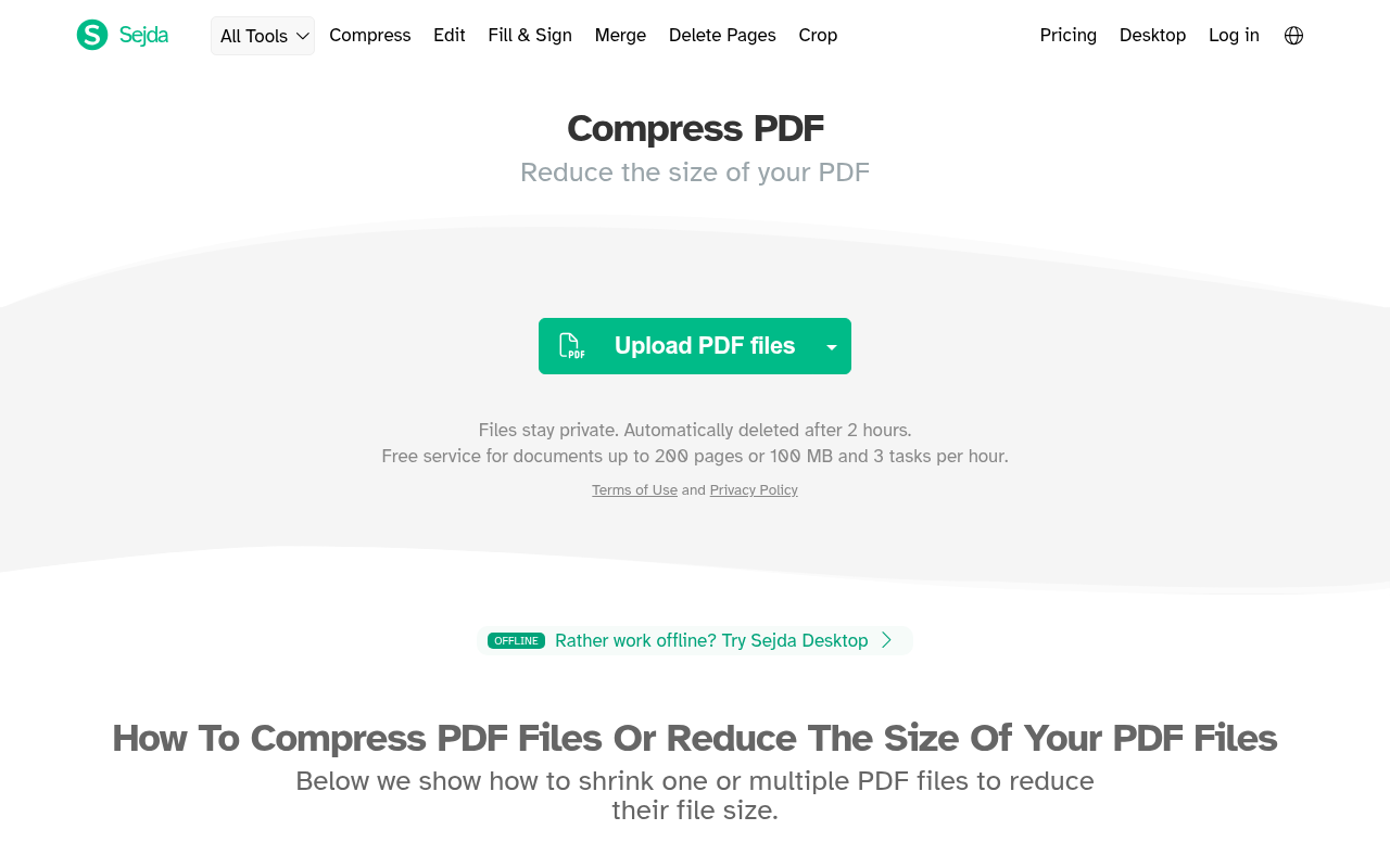 Sejda's compress PDF page showing JPEG quality and DPI settings.