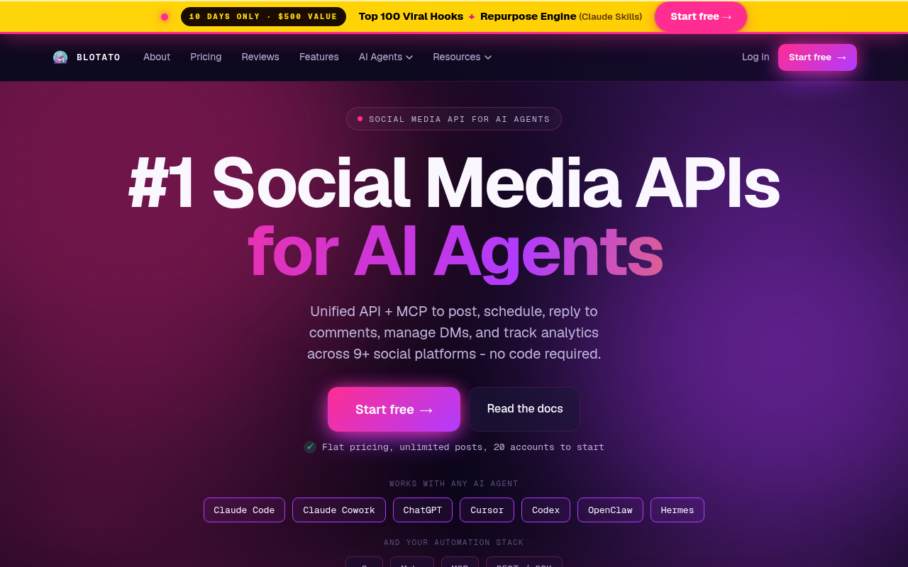 Blotato's homepage showing the multi-platform publishing workflow and accepted source formats