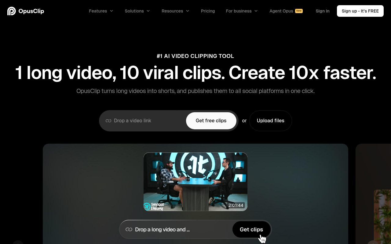 OpusClip's homepage showing its AI-powered video clipping workflow and caption features
