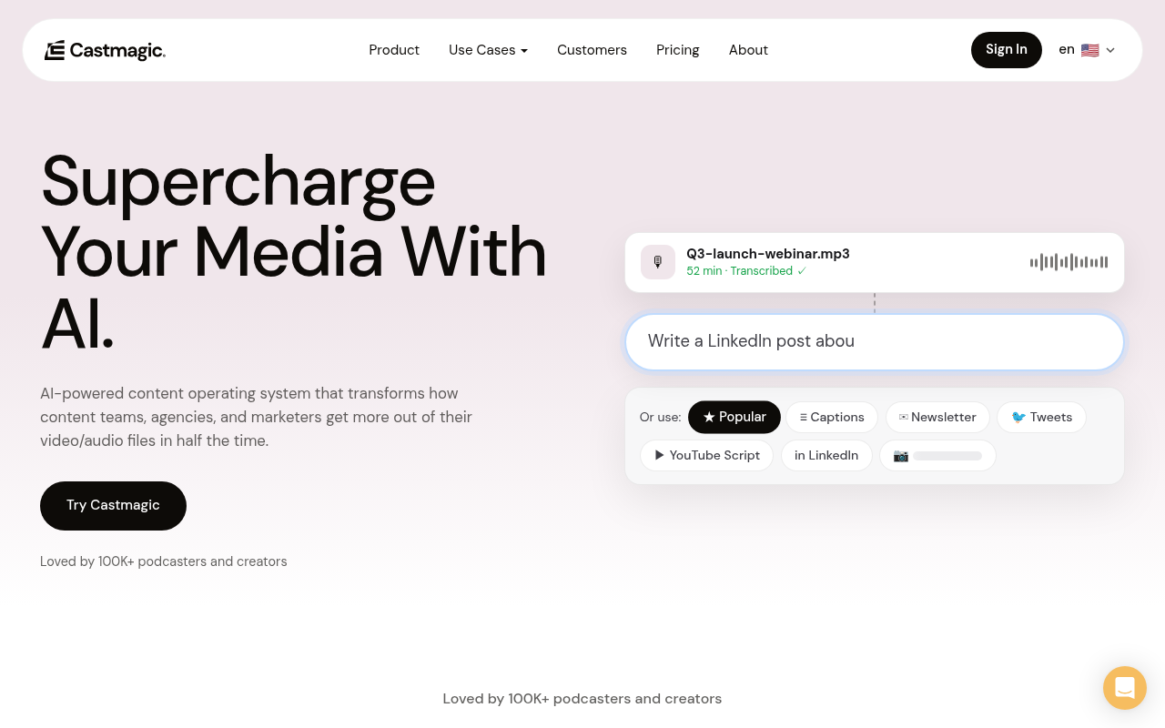 Castmagic's homepage showing audio-to-written-asset workflow and supported import sources