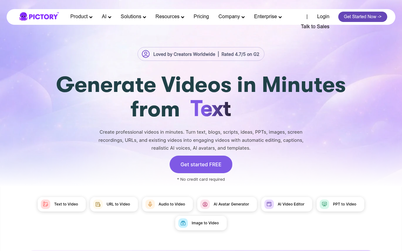 Pictory's homepage showing text-to-video conversion features and template options