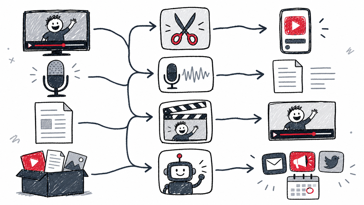 A flowchart matches video, audio, text, and finished assets with suitable AI repurposing workflows.