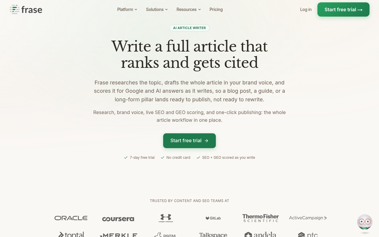 Frase's AI Article Writer page showing research-backed drafting, SEO/GEO scoring, and CMS publishing features