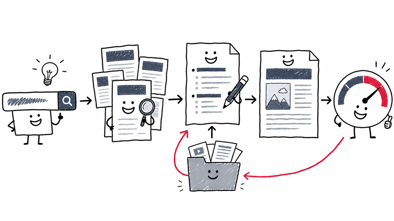 A workflow moves from keyword research and SERP analysis to a brand-informed article draft and repeated content-score improvements.