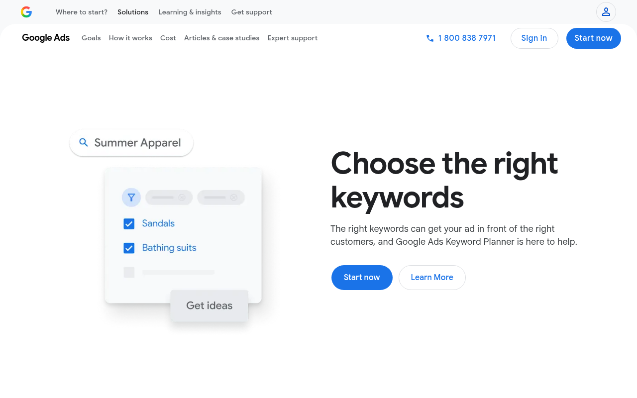 Google Keyword Planner's landing page showing keyword discovery and forecast tools for advertisers.