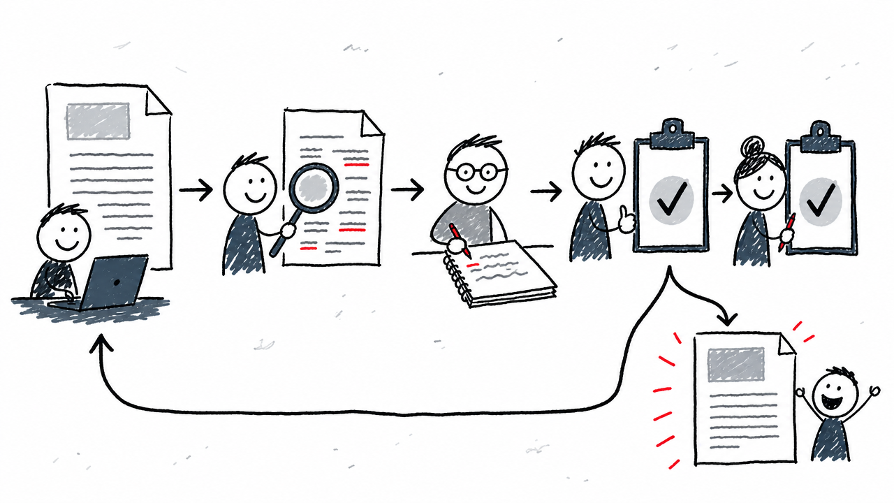 An AI draft is fact-checked, improved with expertise, and reviewed for quality and policy compliance before publication or revision.