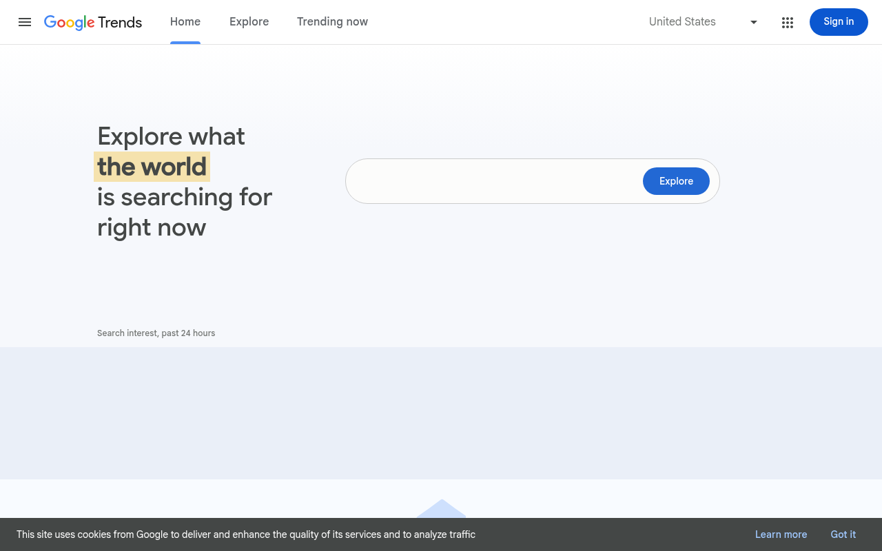 Google Trends homepage where users can explore search interest over time by topic and region.