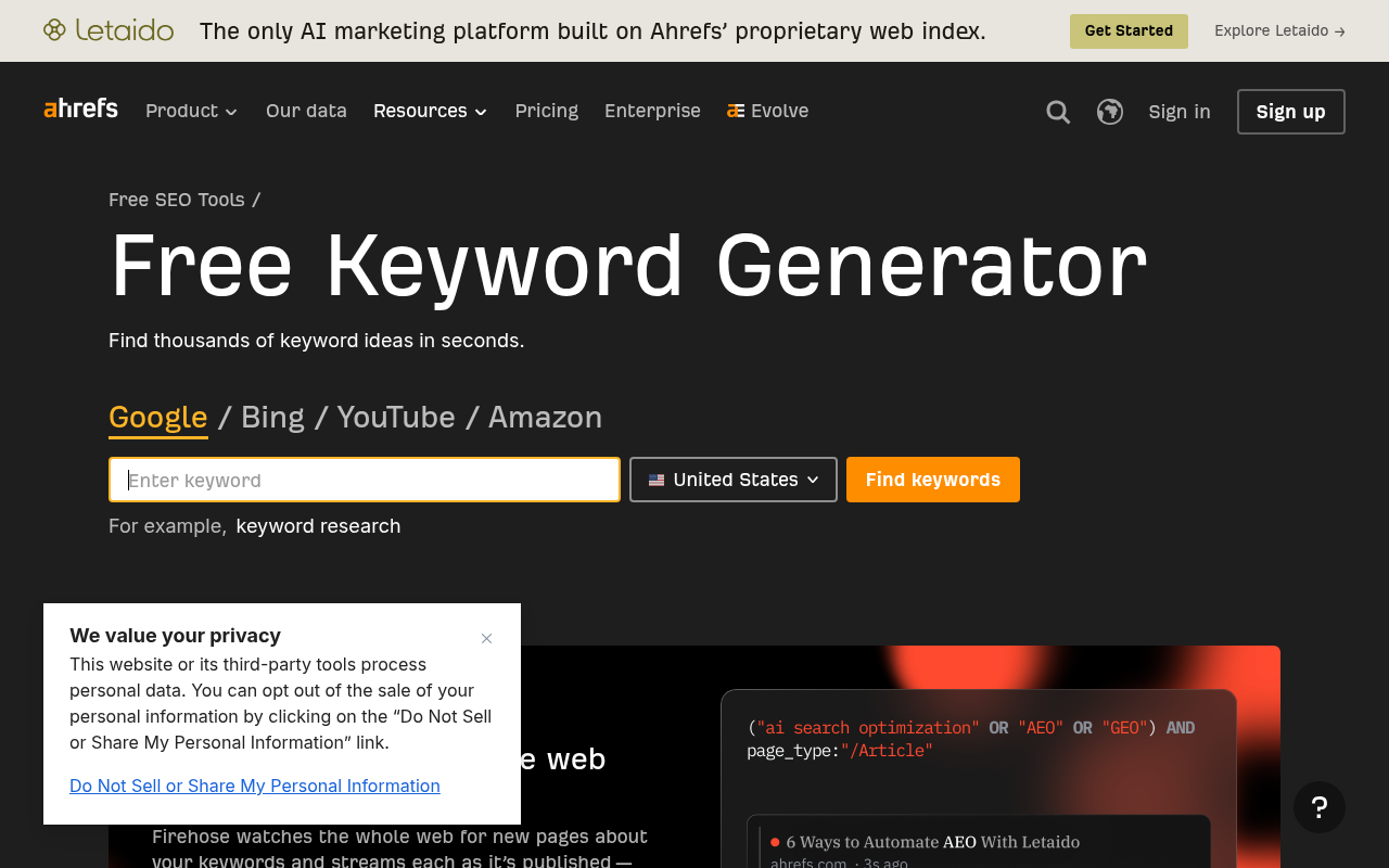 Ahrefs' free keyword generator page showing keyword ideas with difficulty scores and search volume data.