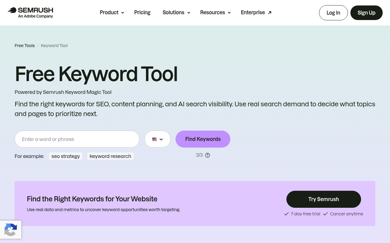 Semrush's free keyword tool page showing keyword suggestions with volume, difficulty, and intent data.