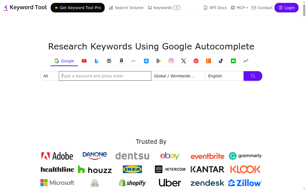 Keyword Tool's homepage showing multi-platform autocomplete keyword research for Google, YouTube, Amazon, and more.