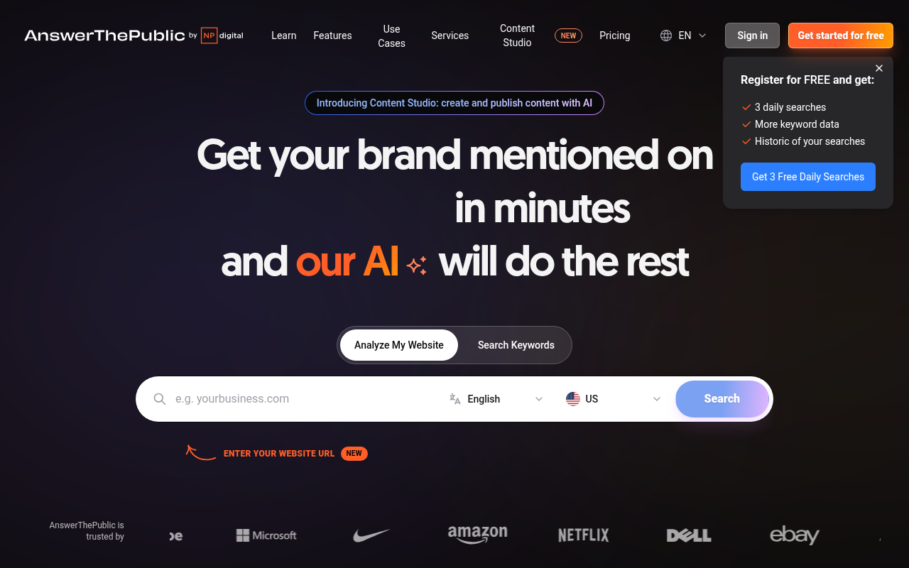 AnswerThePublic's homepage showing its visual keyword question and phrase clustering tool.