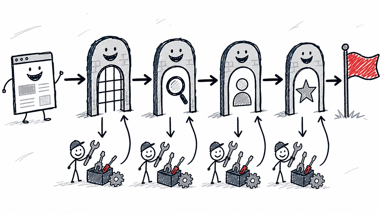 A page moves through crawlability, indexing, intent, and usefulness checks before answer engine optimization.