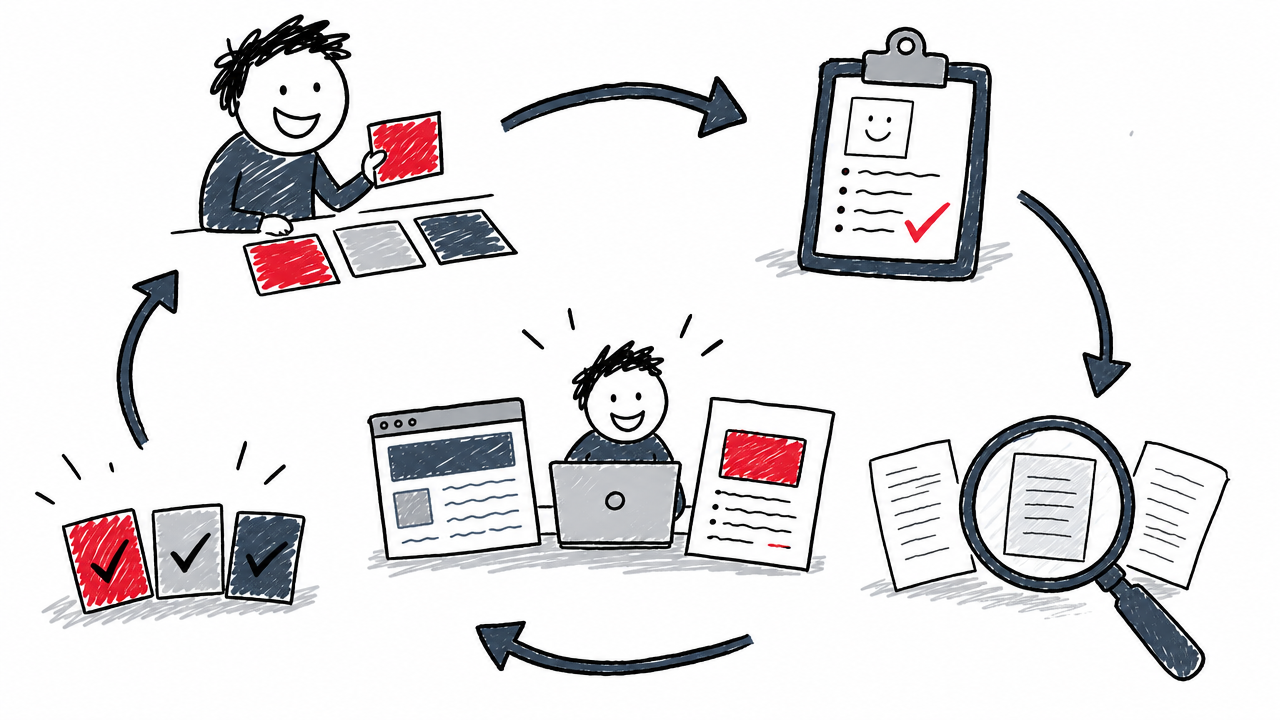 A repeating workflow moves from prompt selection and baselining to source analysis, content work, retesting, and iteration.