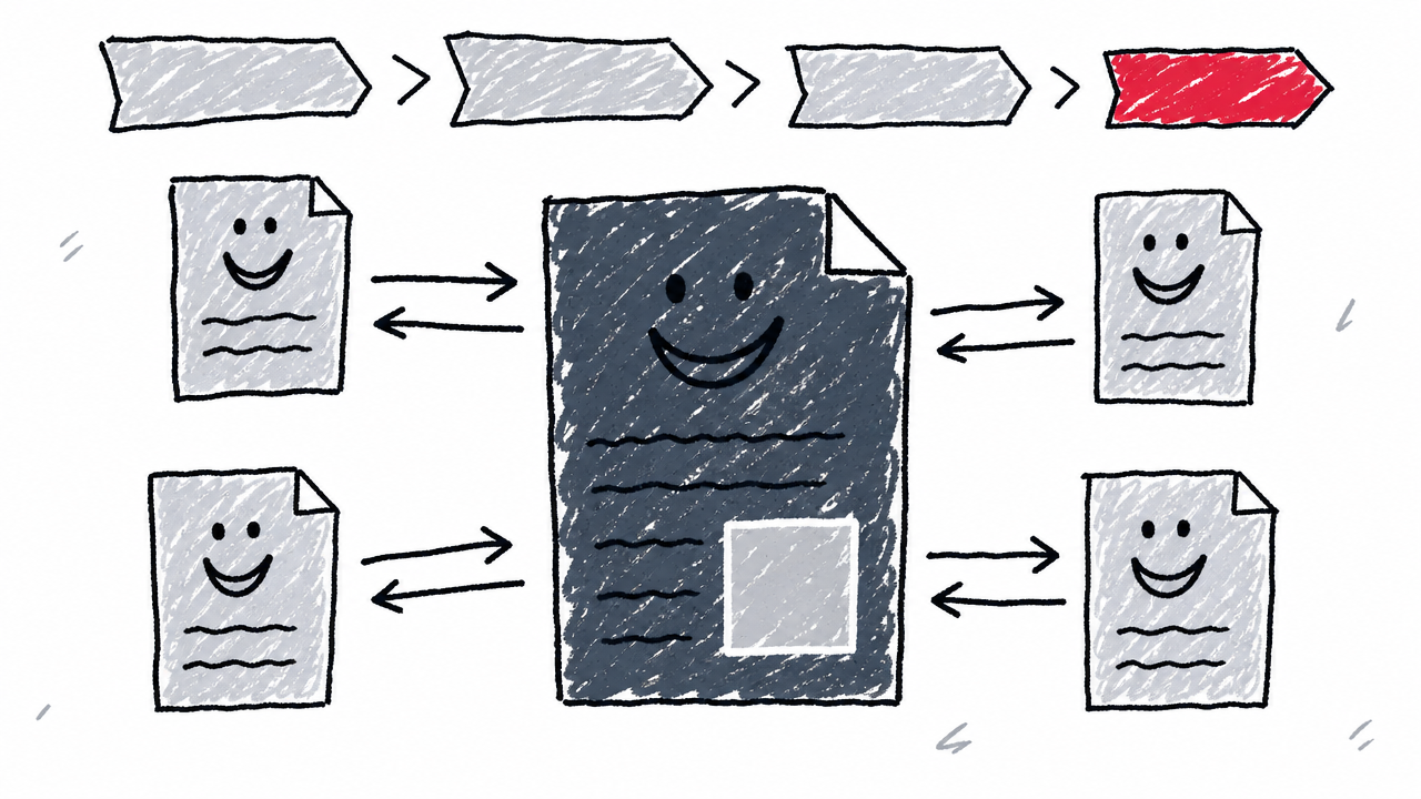 A central pillar page links both ways with supporting topic pages beneath a shared breadcrumb path.