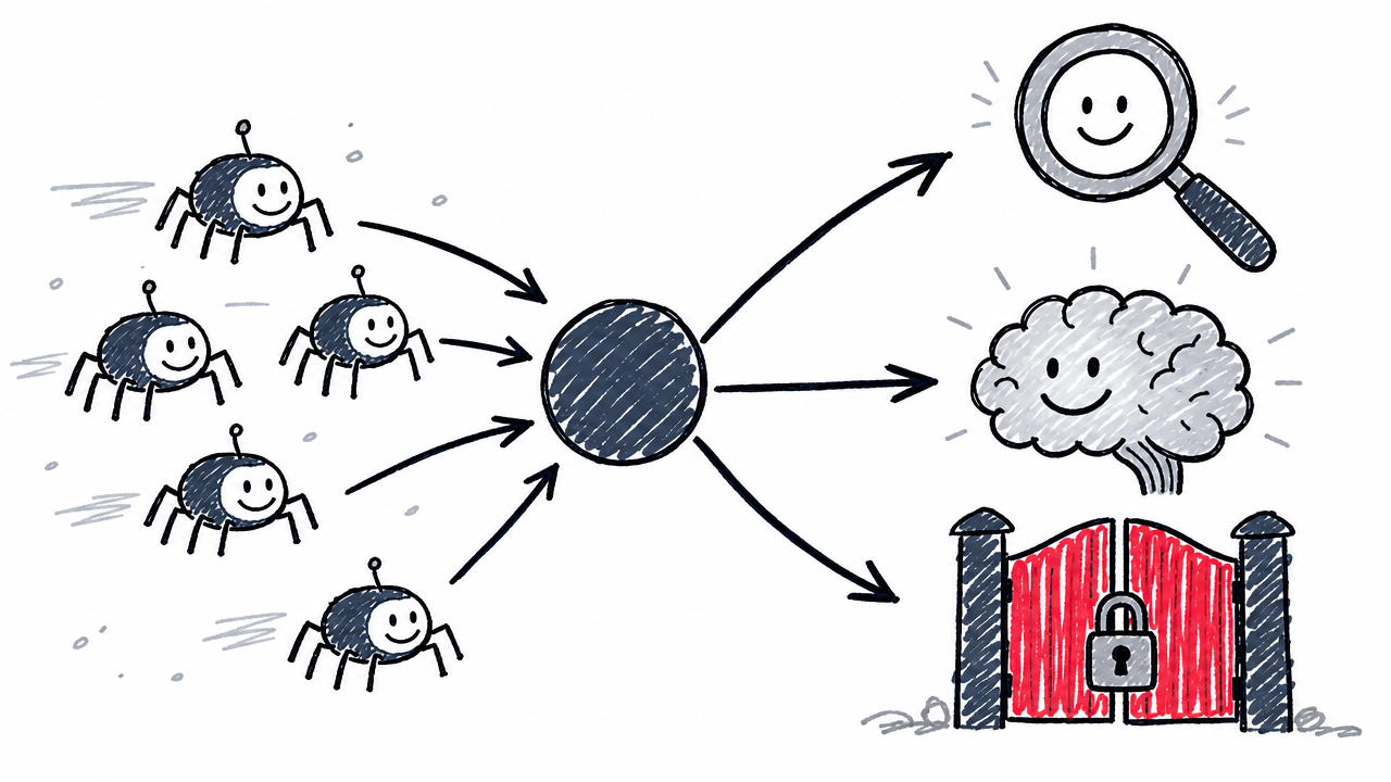 A decision tree separates AI crawler access choices for search visibility, model training, and blocking.