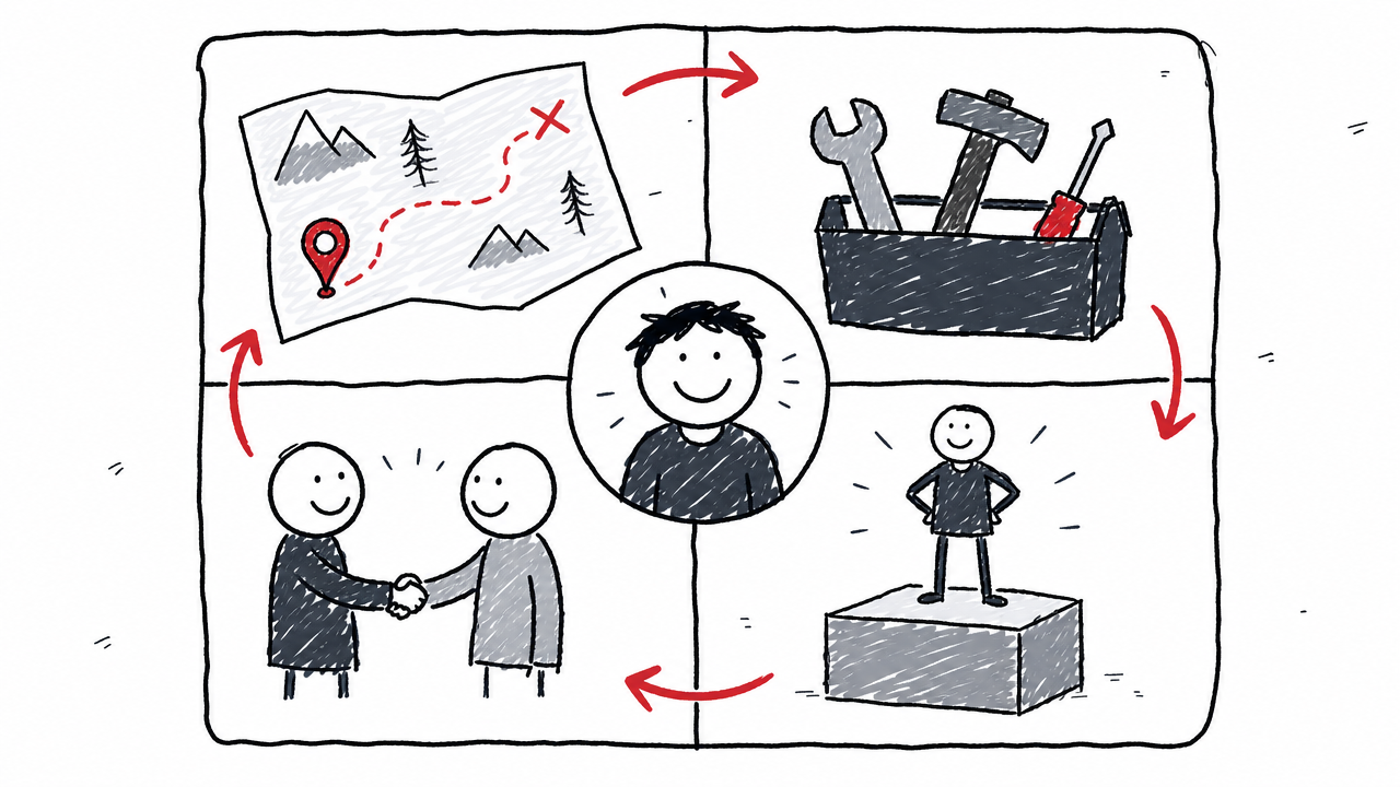 Four onboarding essentials: clear direction, job capability, social connection, and growing confidence.