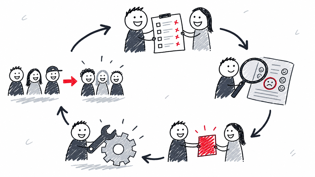 Feedback data guides changes that are evaluated with the next group of new hires.