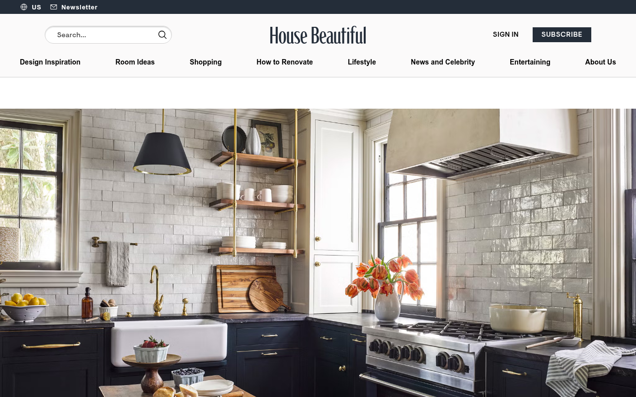 House Beautiful's photo tour of the 169-square-foot Baltimore Colonial kitchen renovation showing the reorganized layout and floor-to-ceiling storage wall.