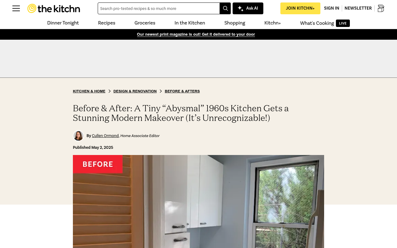 The Kitchn's coverage of the Manhattan apartment kitchen renovation showing how the foyer was incorporated around immovable risers and a structural column.