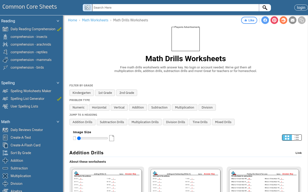 Common Core Sheets' math drills page showing drill categories, problem counts, and the "no login needed" label.