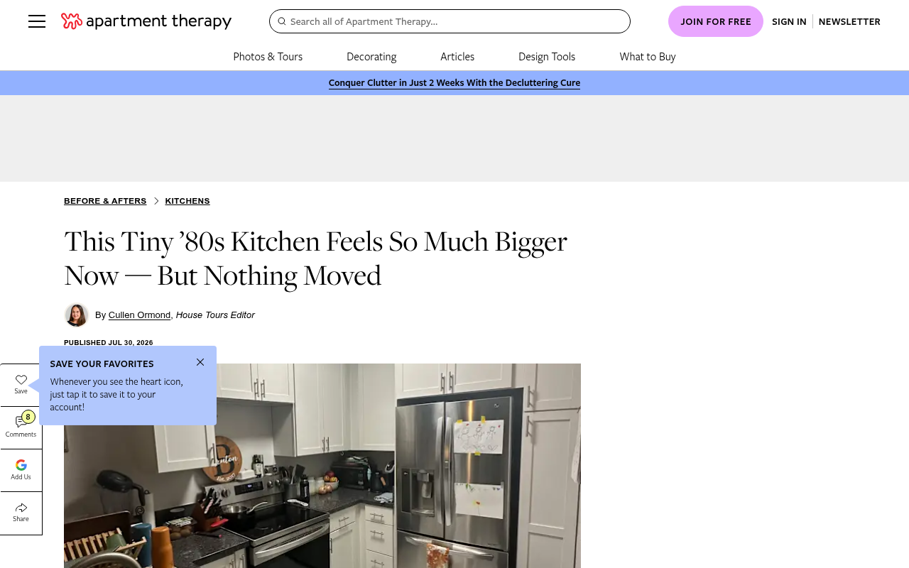 Apartment Therapy's feature on the Hawaii kitchen remodel showing sage green cabinetry, floating oak shelves, and the reorganized corner storage.