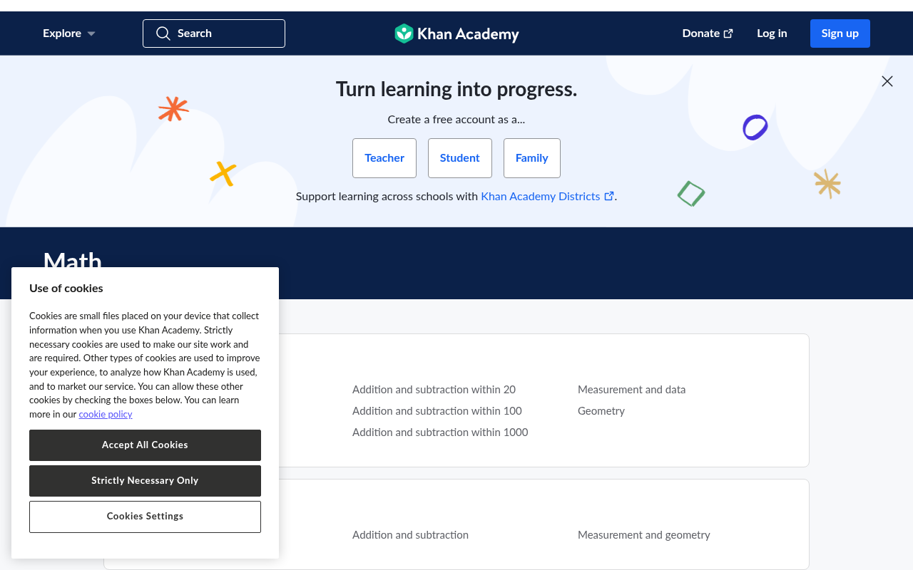 Khan Academy's math page showing grade-level course options from early math through grade 5.