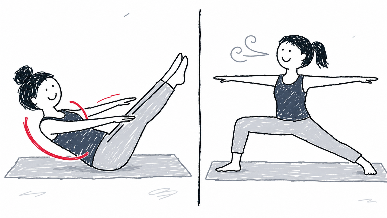 Pilates Hundred and yoga Warrior II contrast focused core repetition with an expansive standing posture.