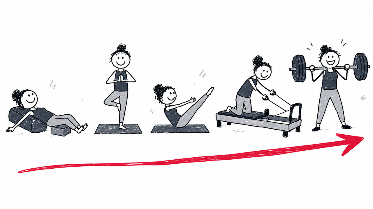 A progression places restorative yoga, mat yoga, Pilates, reformer work, and weight training along increasing resistance.