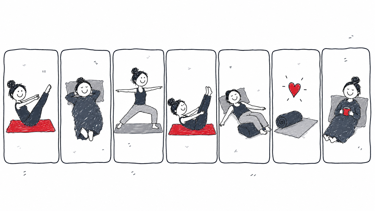 A weekly plan alternates two Pilates sessions, two yoga sessions, and three rest days.