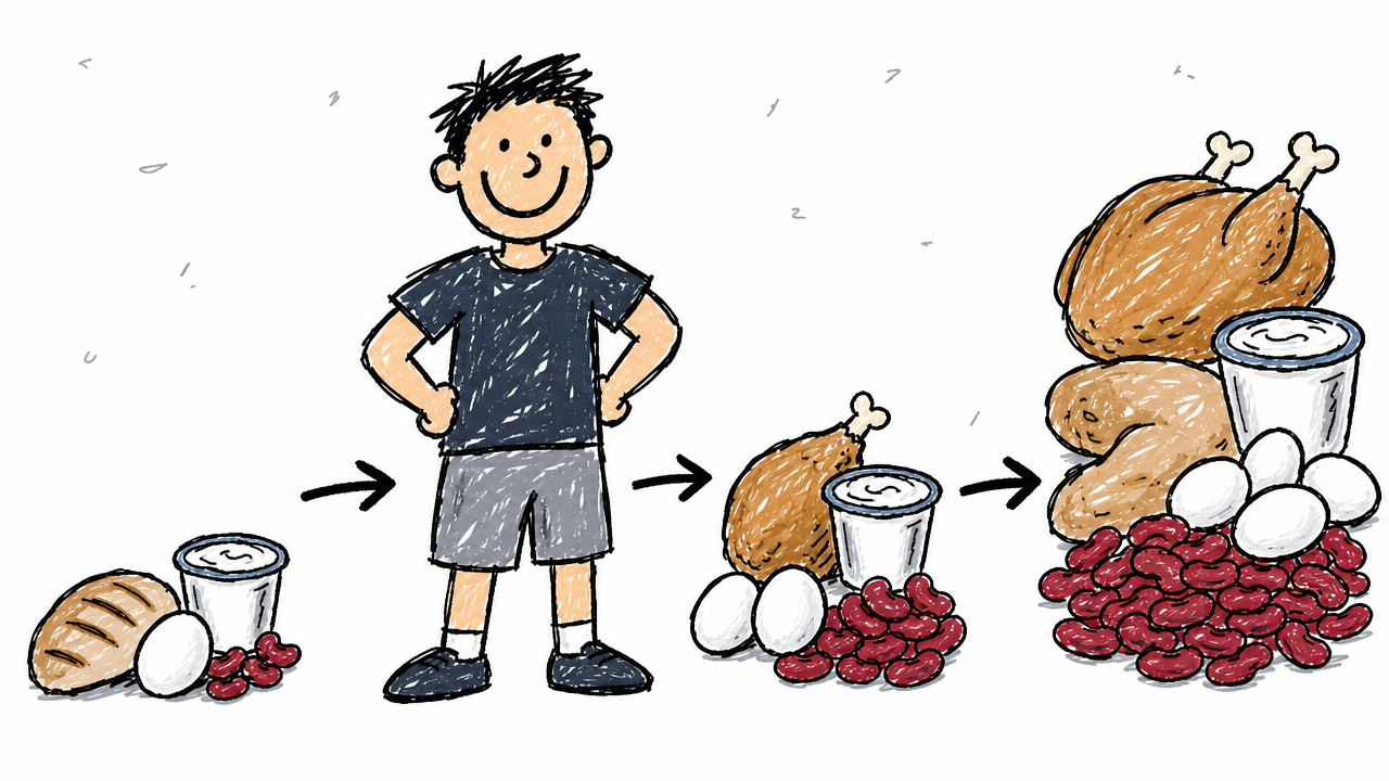 Three increasing food piles illustrate protein reference amounts for a 154-pound adult, from the RDA baseline to higher guideline targets.