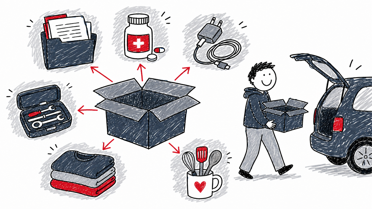 An essentials box holds documents, medication, chargers, tools, clothes, and basic kitchen supplies for easy access.