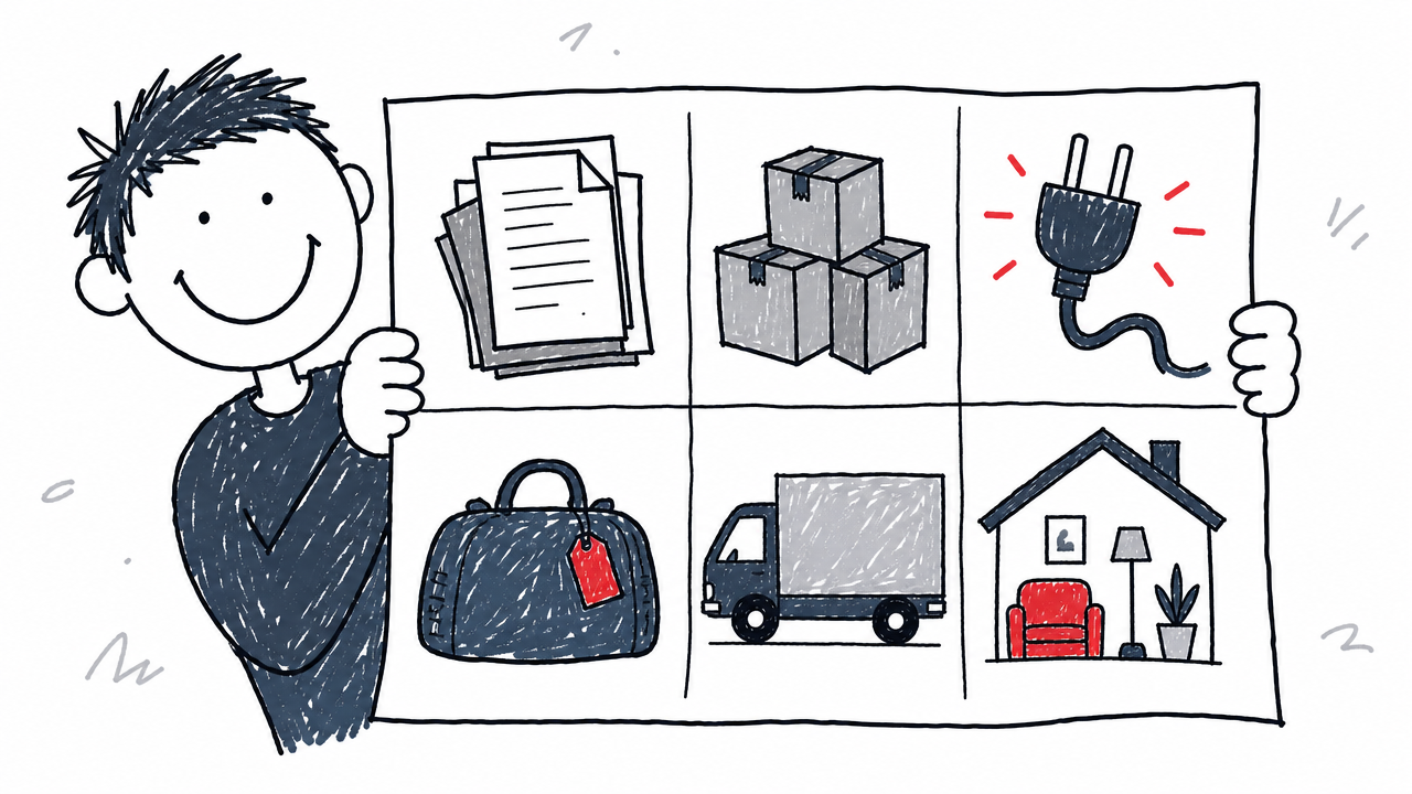 A one-page grid summarizes six moving phases, from planning and packing through moving day and follow-up.