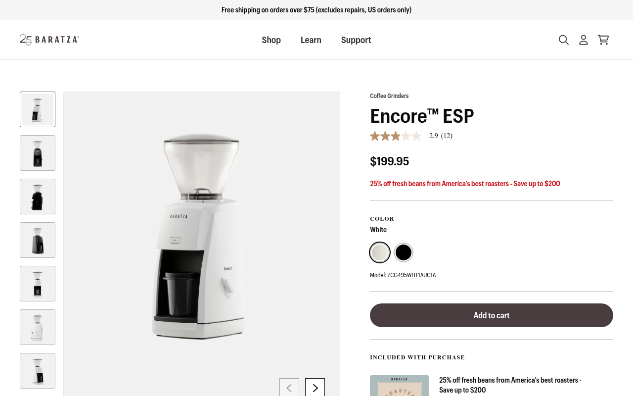 Baratza's official product page for the Encore ESP showing the grinder, dosing cup, and key specifications.