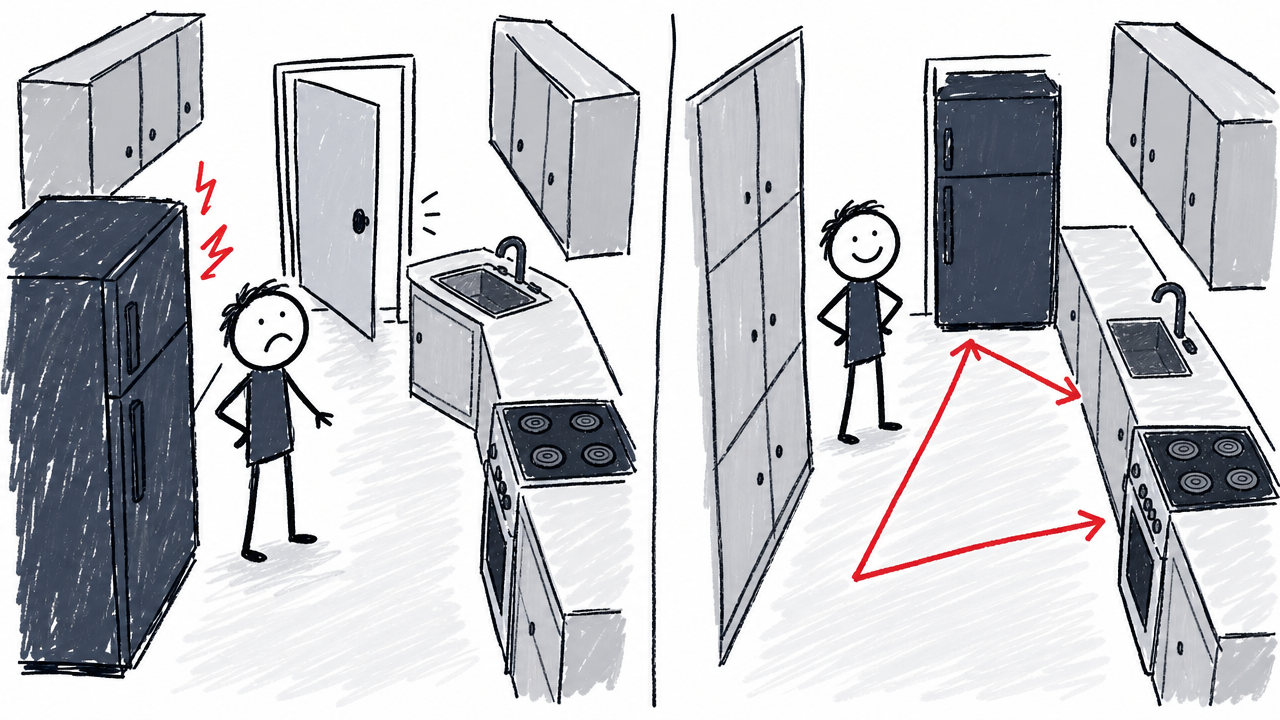 A cramped galley kitchen becomes a more efficient layout with a moved refrigerator, tall pantry, and clearer work triangle.