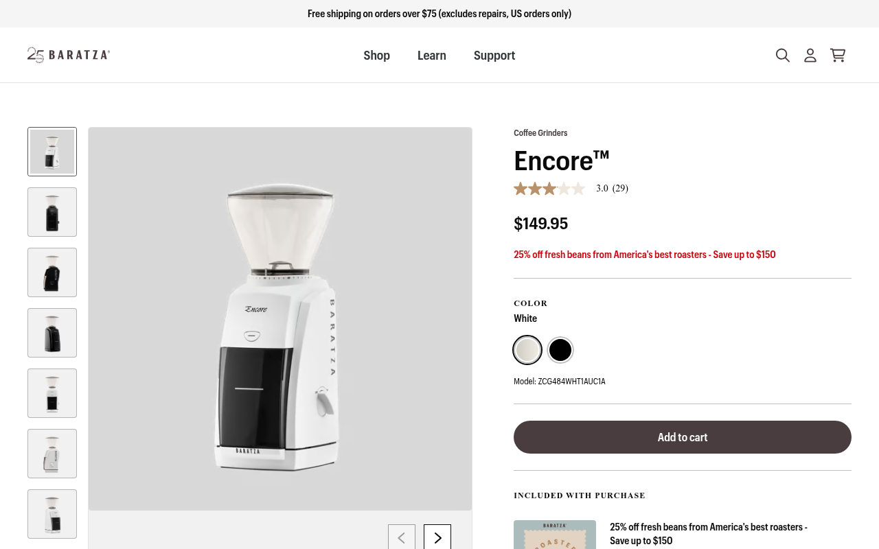 Baratza's official product page for the Encore, showing the grinder and its 40 grind settings.