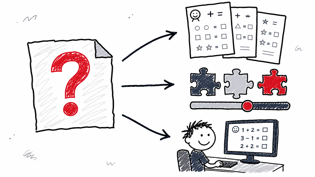 A simple choice map separates printable worksheets, adjustable practice, and interactive online math activities.