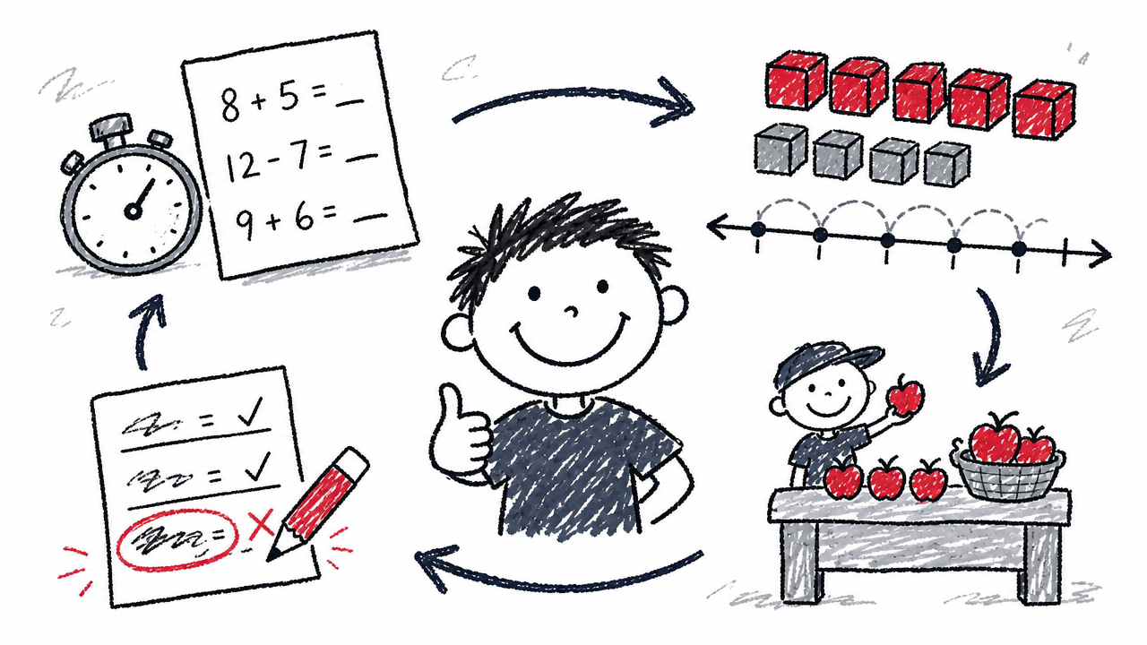 A practice cycle moves from a short drill to models, application problems, and reviewing mistakes.