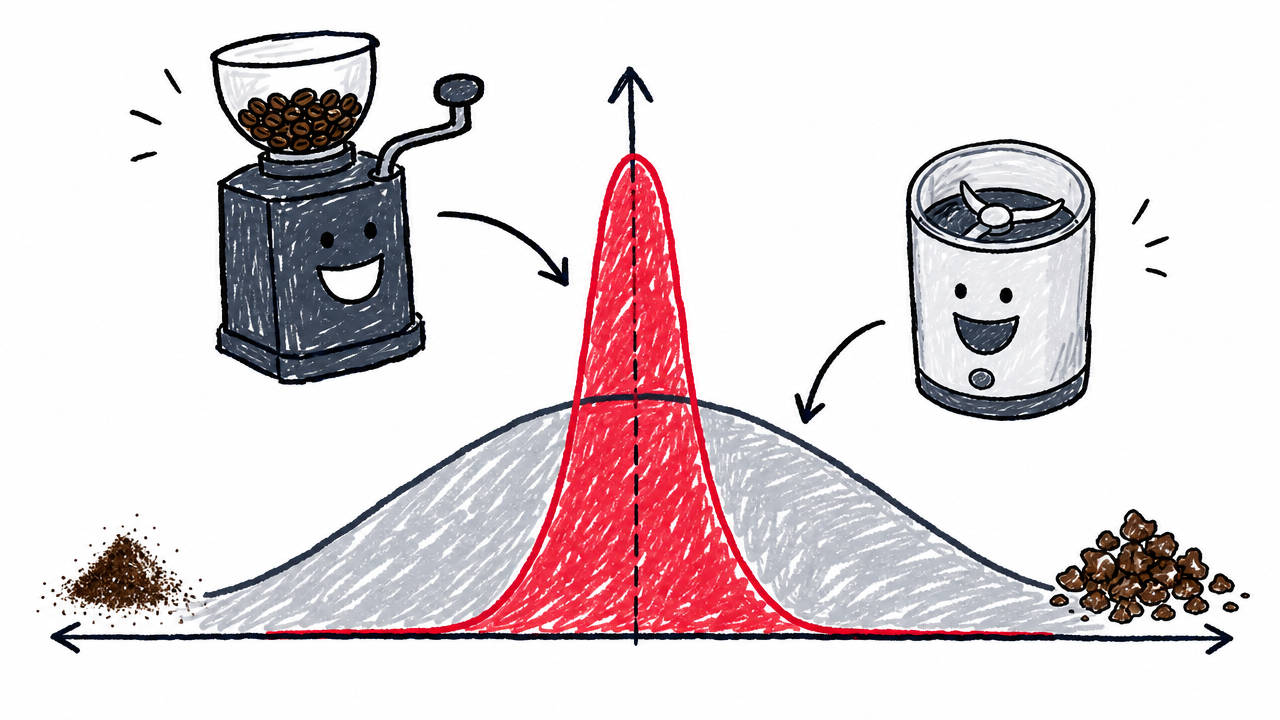 A tight burr-grinder particle spread contrasts with the broad range of dust and chunks from a blade grinder.