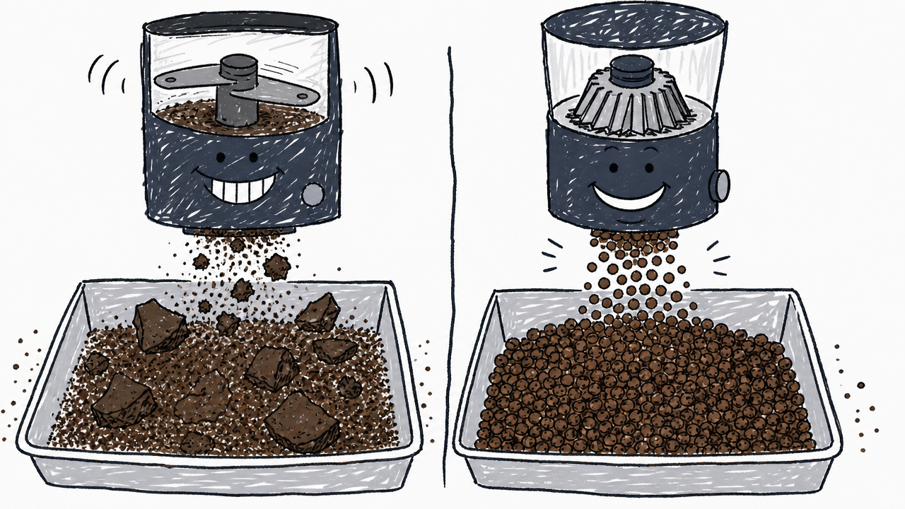 Blade-ground coffee mixes dust with large chunks, while burr-ground coffee particles are much more uniform.