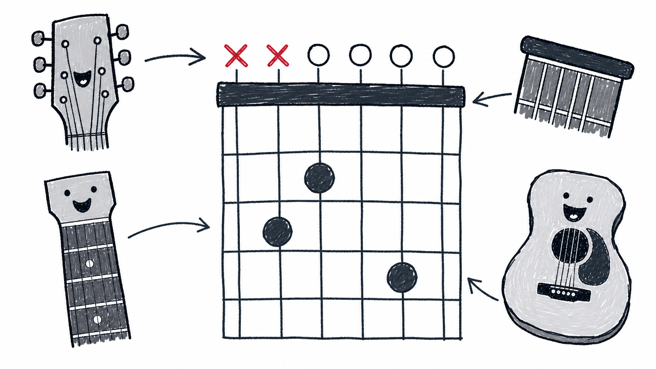 A guitar chord diagram shows strings, frets, the nut, finger positions, muted strings, and open strings.