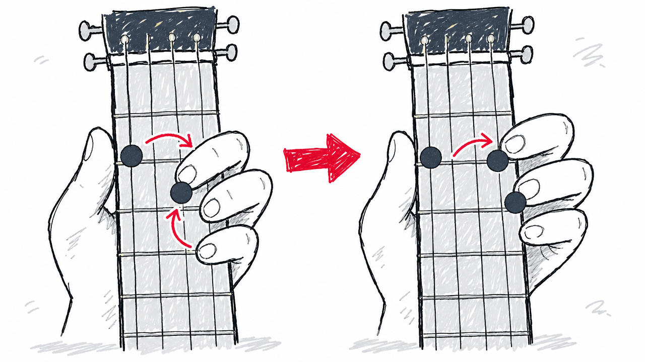 A fretting hand shifts from an A shape to a D shape while one anchor finger stays close in place.